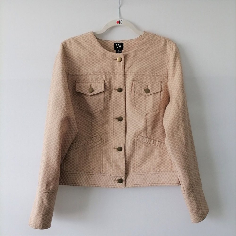 W. Work To Weekend Womens Tan Lightweight Collarless Button Down Jacket Size 12
